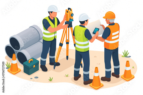 Construction Workers with Surveying Equipment and Safety Gear Vector Illustration

