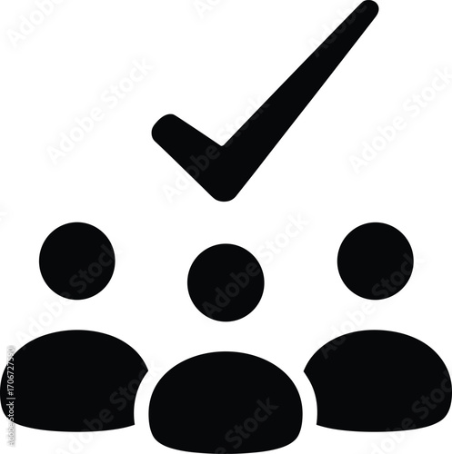 Business teamwork icon with group of people silhouette and check mark symbol, collaboration approval concept, leadership success, community support vector illustration