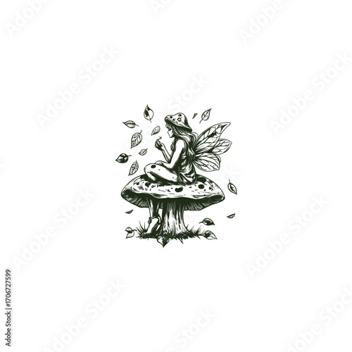 vector illustration in a dark, vintage engraving style, featuring a mythological winged fairy or nymph sitting serenely on a large mushroom