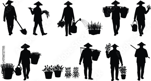 Farmer silhouettes carrying crops, watering plants, harvesting vegetables, traditional hats, farming tools, agricultural work, rural lifestyle, farming activities, garden watering