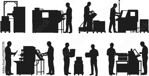 Factory worker and machine silhouettes. Industrial operators handling packaging, manufacturing, printing, and automation equipment. Vector illustrations for production,