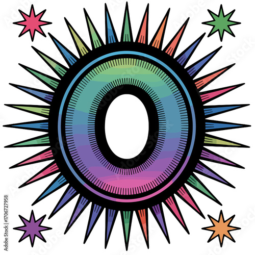 Colorful abstract design featuring a letter O surrounded by star-like elements in vibrant hues