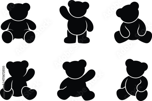 Cute teddy bear silhouette illustration, toy bear vector icons, adorable stuffed animal graphic design, children’s toy collection, childhood symbol, playful cartoon character set