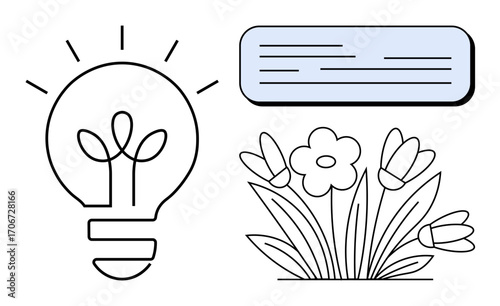 Lightbulb with plant sprouts, blooming flowers, and a speech bubble representing innovation, creativity, growth, inspiration, knowledge, brainstorming, and sustainable ideas in a simple flat metaphor