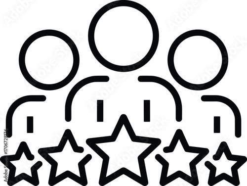 Customer rating and feedback icon illustration with people group, five star review, client satisfaction symbol, business evaluation, quality service approval vector design
