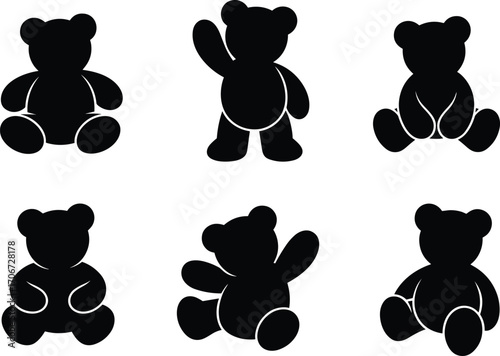 Cute teddy bear silhouette vector illustration set, adorable stuffed toy shapes, black cartoon bear collection, children toy design, baby nursery decoration