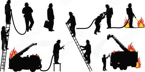 Firefighter silhouettes extinguishing fires, fire trucks, fire hoses, climbing ladders, fire safety, emergency response team, firefighting equipment, fire rescue, firemen at work vector illustrations.