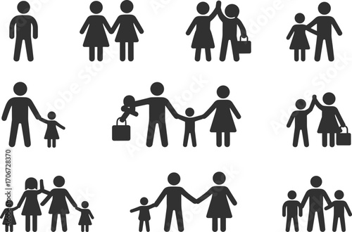 Family relationship icon collection, parent and children silhouette, love and care vector, happy family unity symbols, people holding hands in simple flat design