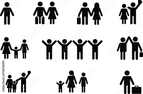 Family icon illustration set with parents, children, travel symbols, people figures, lifestyle concept, relationship design, holiday vacation, business trip, teamwork unity, happiness