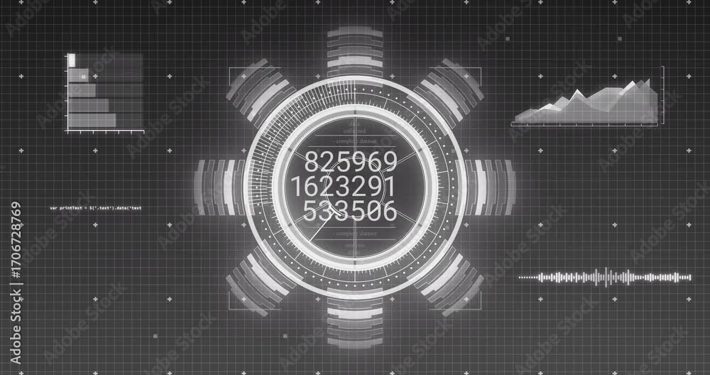 After grid display appearing, HUD ring rotating as bars rising, numbers ...