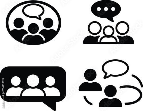 Group communication icons, business teamwork discussion symbols, people conversation signs, corporate collaboration vector illustration, meeting dialogue pictogram, chat bubble graphic design elements