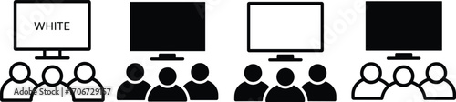 Group of people watching presentation screen, business meeting audience, seminar training, teamwork discussion, video conference, corporate learning, education and communication concept icons
