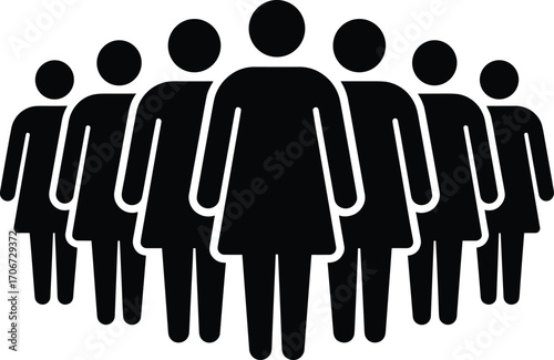 Group of women standing together icon, female community unity symbol, women empowerment teamwork diversity illustration, gender equality vector design isolated silhouette