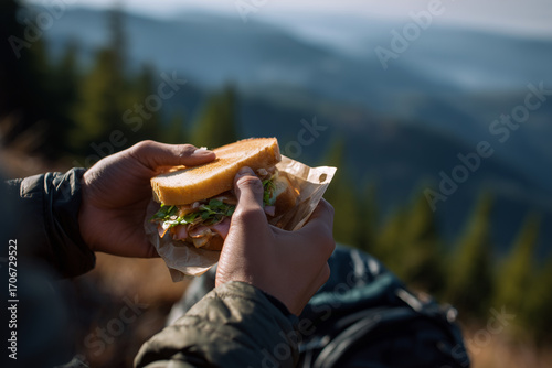 Eating a sandwich in the mountains
