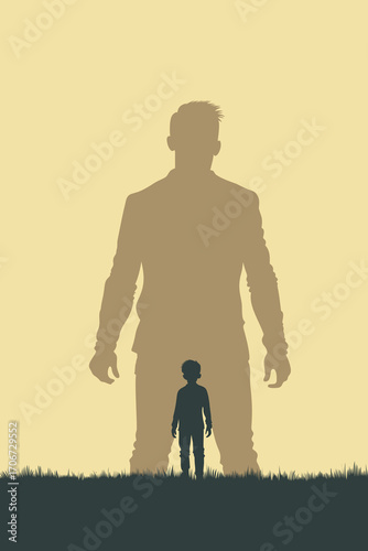 Child with Authority Figure Shadow – Psychology, Fear and Conceptual Vector Illustration
