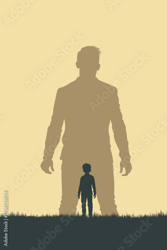 Child with Authority Figure Shadow – Psychology, Fear and Conceptual Vector Illustration