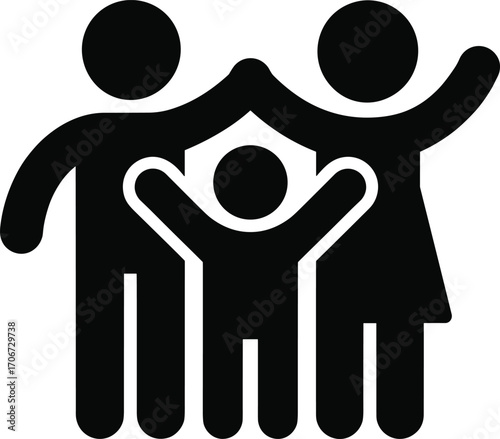 Happy family icon with father mother and child, parent child relationship symbol, family unity love togetherness vector illustration isolated design