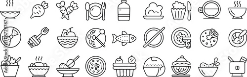 Healthy Food and Nutrition Line Icons Set Including Meals, Vegetables, Soups, Kitchen Tools, Snacks, Diet Plans, and Cooking Utensils