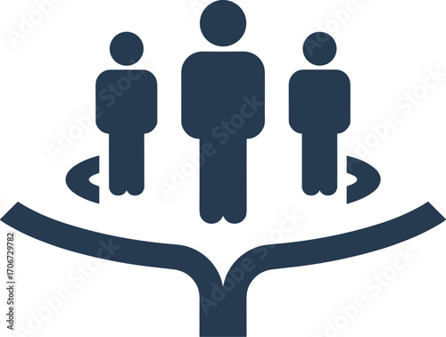 Human resource management icon with three people standing on open hand, business support, employee care, teamwork protection, corporate responsibility, staff welfare vector illustration