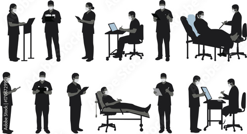 Medical staff silhouettes with masks, doctors and nurses consulting patients, healthcare workers with laptops and tablets, hospital examination, medical care, professional health service illustration.