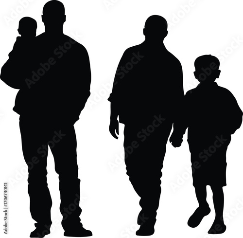 Collection of dad silhouettes representing fatherhood and family moments isolated on white background