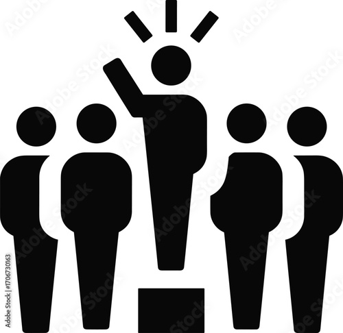 Leadership concept vector illustration, business leader standing with raised hand, guiding group of people, teamwork management, motivation, communication, corporate success, organization development