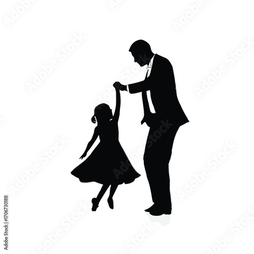 Daddy daughter dance silhouette set black and white isolated on white background