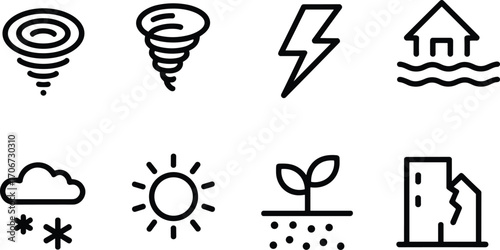 Natural Disaster and Weather Icon Set – Black Vector Symbols of Tornado, Flood, Lightning, Earthquake, Snow, Sun, and Environmental Elements for Emergency Design