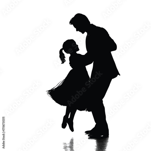 Black and white silhouette of a father dancing with his daughter isolated on white background