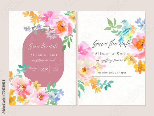 Wedding invitation card design set with abstract pink peonies, blue bird and wild flowers painted in watercolor. Hand drawn card template set with elegant flowers.