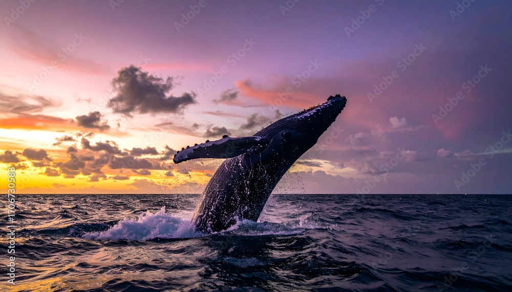 Fototapeta premium A majestic humpback whale breaches the ocean surface, creating a spectacular splash against the backdrop of a vibrant and colorful sunset sky