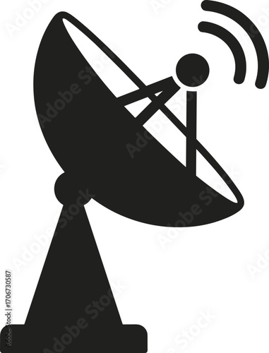 Satellite communication dish icon, wireless signal transmission symbol, space technology vector, global network connection, broadcasting antenna silhouette