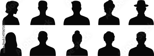 Silhouette avatar people collection, male female profile icons, vector head illustrations, anonymous user pictogram set, social media profile design elements