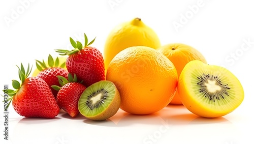 A lively fruit arrangement with rich, saturated hues, set on an isolated white backdrop to accentuate freshness, clarity, and visual impact.