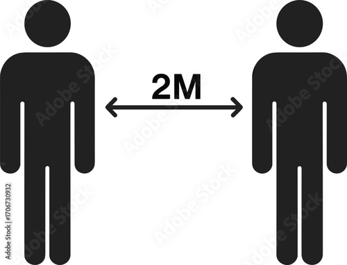 Social distancing illustration with two people standing apart, keeping safe distance two meters, health safety precaution icon, prevention measure symbol vector design