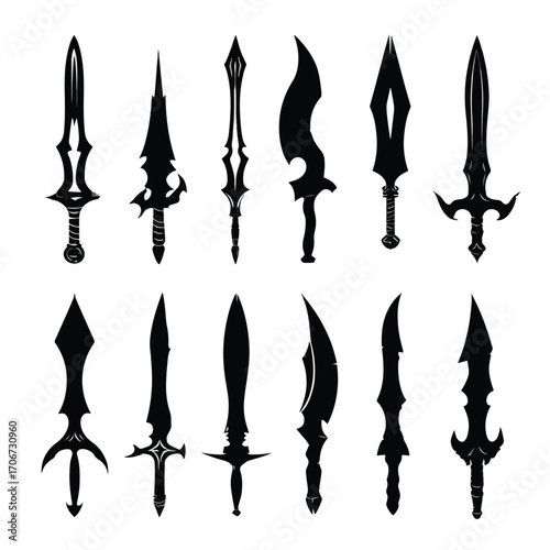 Collection of black and white dagger silhouettes isolated on white background