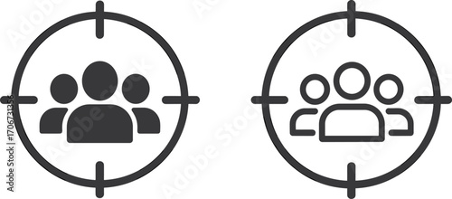 Target audience group icon set, business customer focus symbol, market segmentation illustration, user demographics analysis concept, digital marketing people target vector