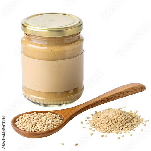  A jar of tahini with a wooden spoon of sesame seeds.