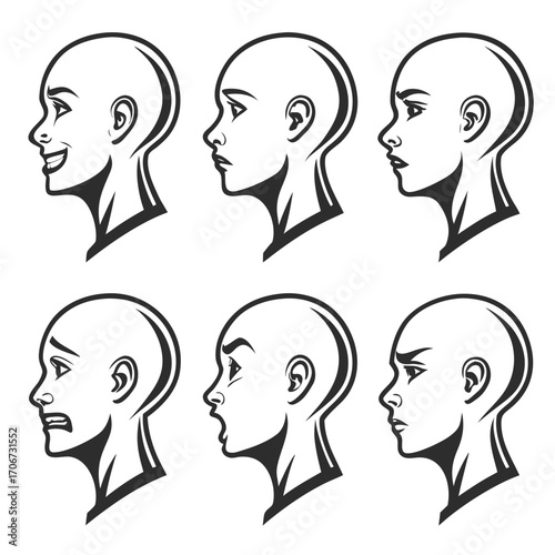 Six profile views of a bald head showing different human emotions and expressions in a graphic illustration style with black outlines on a white background