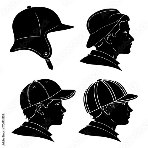 Collection of black silhouettes of men wearing different types of hats including a baseball cap a jockey helmet and a bucket hat against a white background