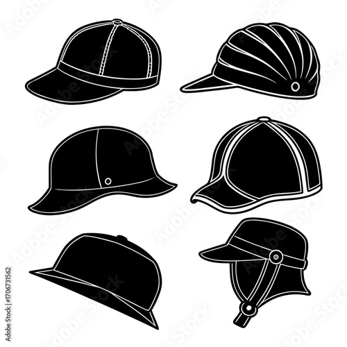Collection of six black and white silhouette illustrations of various hats and caps including baseball caps a bucket hat and a riding helmet displayed against a white background