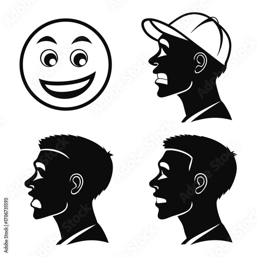 Collection of four black and white graphic illustrations featuring a smiling emoji and three male profile silhouettes with different expressions and one wearing a baseball cap