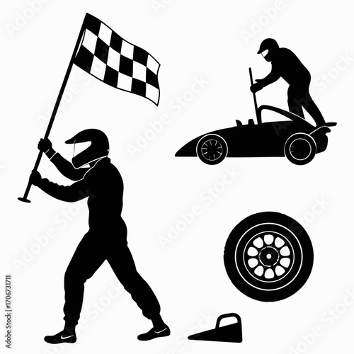 Silhouettes of racing elements including a person holding a checkered flag a driver in a race car a car wheel and a ramp representing speed and competition