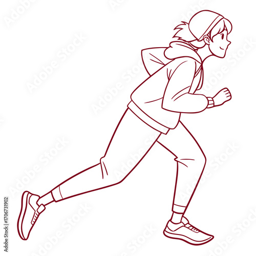 A cheerful young woman in athletic wear wearing a headband and ponytail is captured mid stride while running outdoors with a determined and happy expression