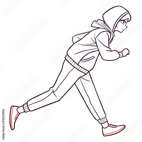Anime style line art illustration of a young person wearing a hooded sweatshirt and athletic pants running with determination and focus