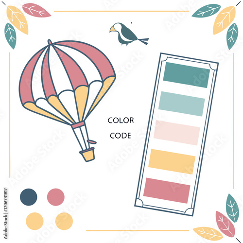 A whimsical illustration featuring a colorful hot air balloon a small bird and a color palette swatch with corresponding color dots perfect for design inspiration