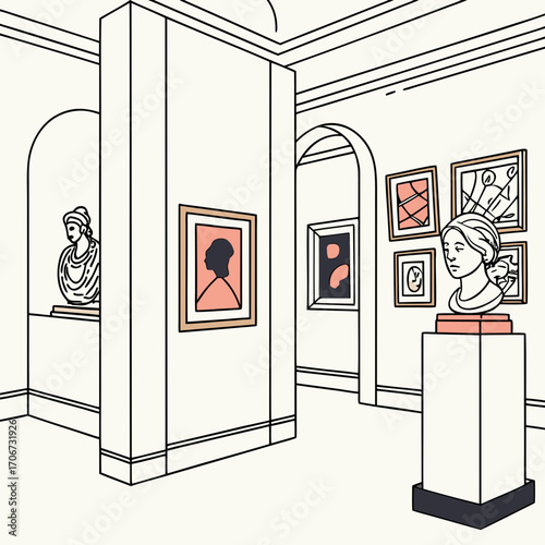 Minimalist line art illustration of a modern art gallery interior featuring classical busts and abstract paintings displayed on white walls with arches and pedestals