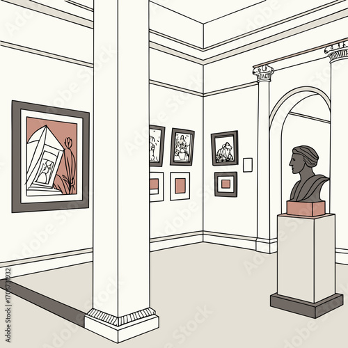 Interior view of a minimalist art gallery exhibition space with framed paintings on the walls and a classical bust on a pedestal showcasing a modern and clean aesthetic