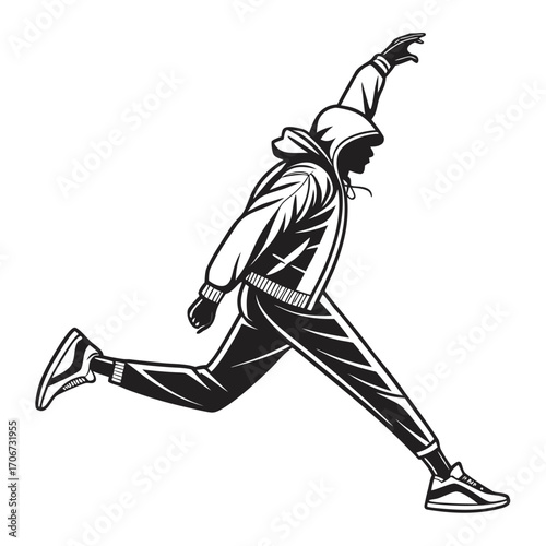 Dynamic silhouette of a person in a hoodie and joggers in mid air leap capturing motion and urban style
