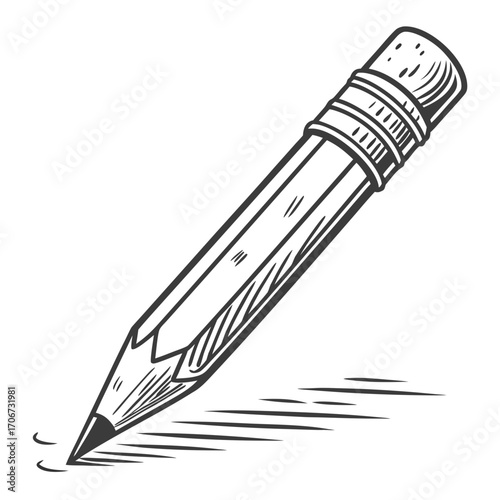 A classic wooden pencil with a graphite tip and pink eraser is depicted in a hand drawn sketch style casting a shadow as it writes
